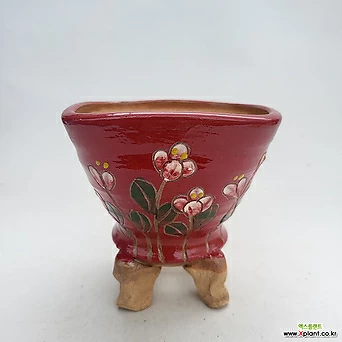 분62)중소형 빨간색 유광 꽃그림 앉은다리 입구사각 도예 수제 화분 1