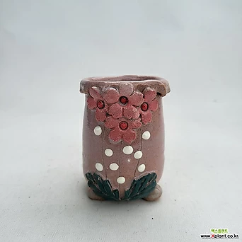 분98)초소형 미니 분홍색 유광 4꽃붙임 입구병뚜껑형 깊은형 도예 수제 화분 1